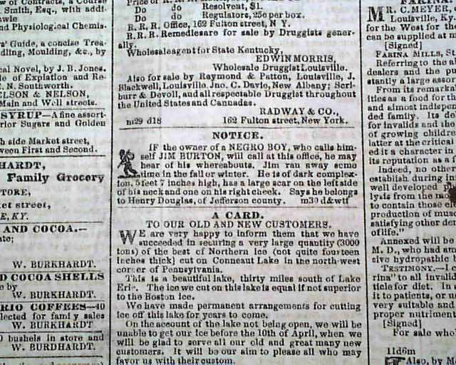 1853 LOUISVILLE KY Newspaper Pre Civil War SLAVE ADS ...