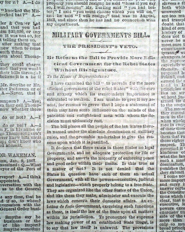 President Johnson's veto of The Reconstruction Act of 1867 (March 2nd ...