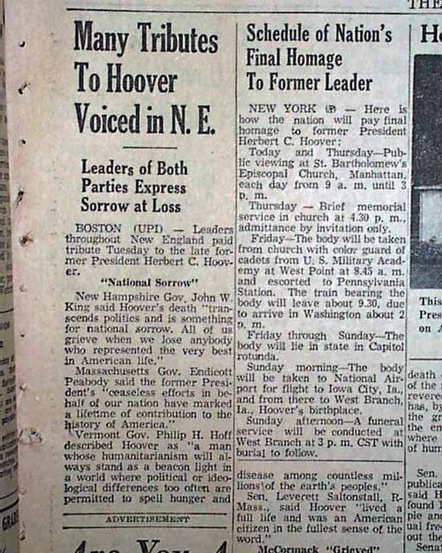 The death of former President Herbert Hoover... - RareNewspapers.com