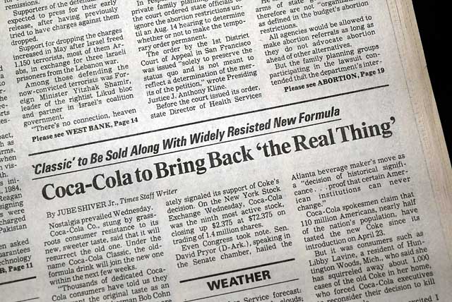 Coca Cola Co. announces "Classic Coke" is back in 1985...