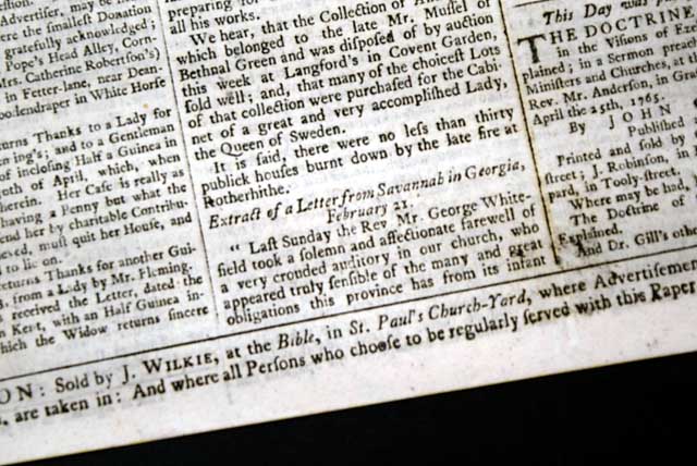 Rcv. George Whitefield returns to England from Georgia...