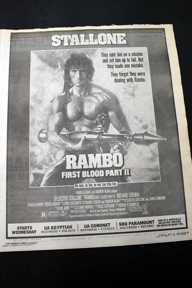 1985 opening day premiere of "Rambo: First Blood Part II" film advertisement...