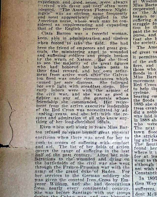 Clara Barton Death In 1912. - Rarenewspapers.com