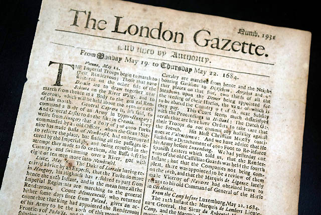 Genuine London Gazette newspaper from 1684...