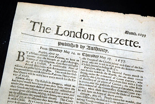 Genuine London Gazette newspaper from 1677...