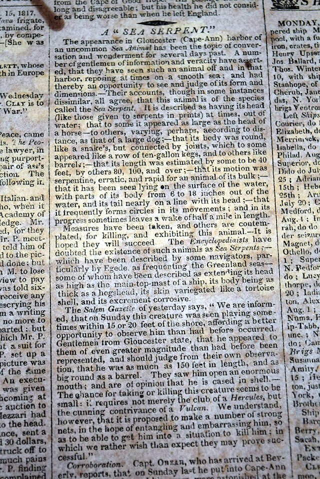 Great article on a "sea serpent" off Cape Ann...