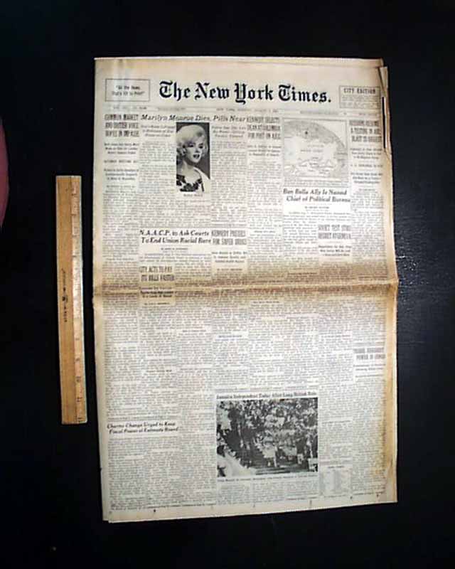 Los Angeles Times - Marilyn Monroe died 51 years ago, on August 5, 1962.  Here's the following day's L.A. Times front page. You can see it in a  larger format here