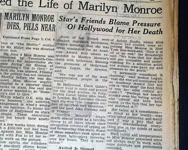 Los Angeles Times - Marilyn Monroe died 51 years ago, on August 5, 1962.  Here's the following day's L.A. Times front page. You can see it in a  larger format here