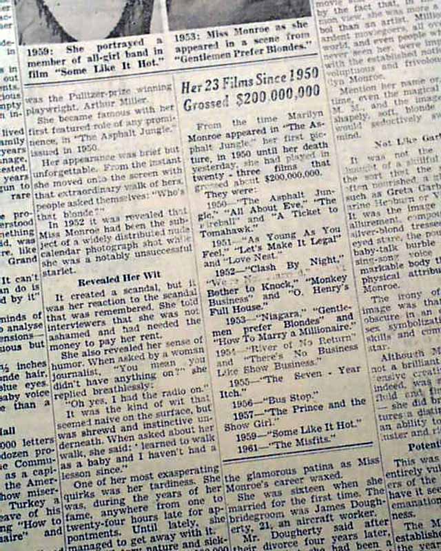 Los Angeles Times - Marilyn Monroe died 51 years ago, on August 5, 1962.  Here's the following day's L.A. Times front page. You can see it in a  larger format here