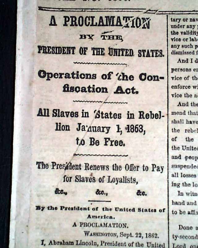 The Emancipation Proclamation On The Front Page... - RareNewspapers.com