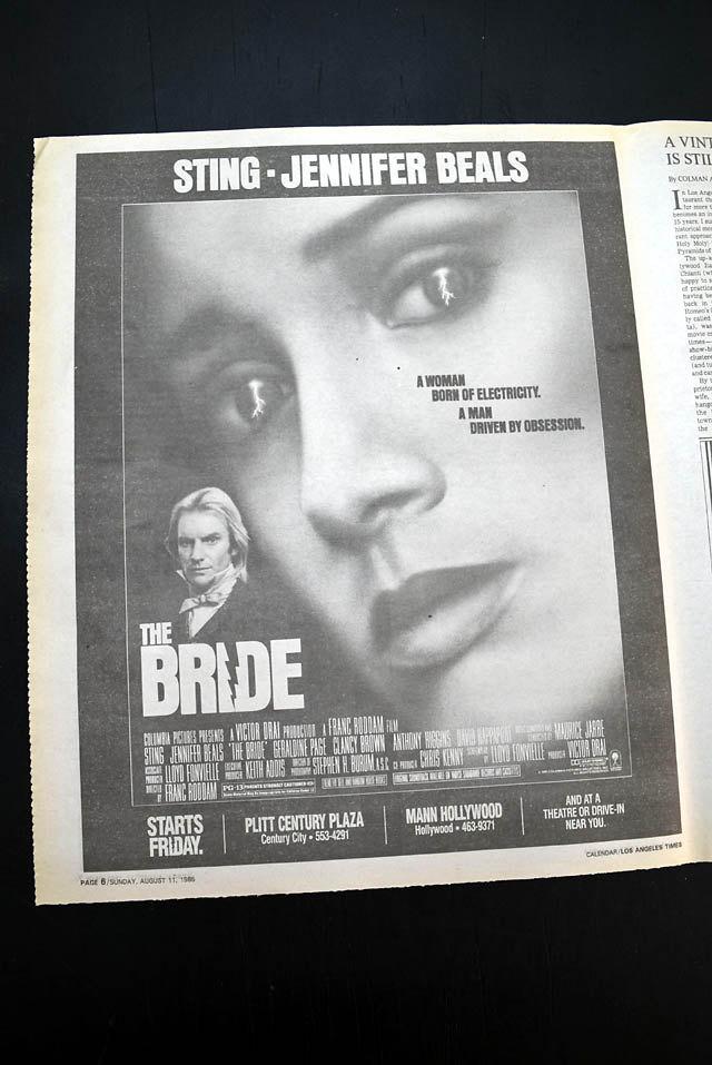 1985 opening day premiere of "The Bride" film advertisement...