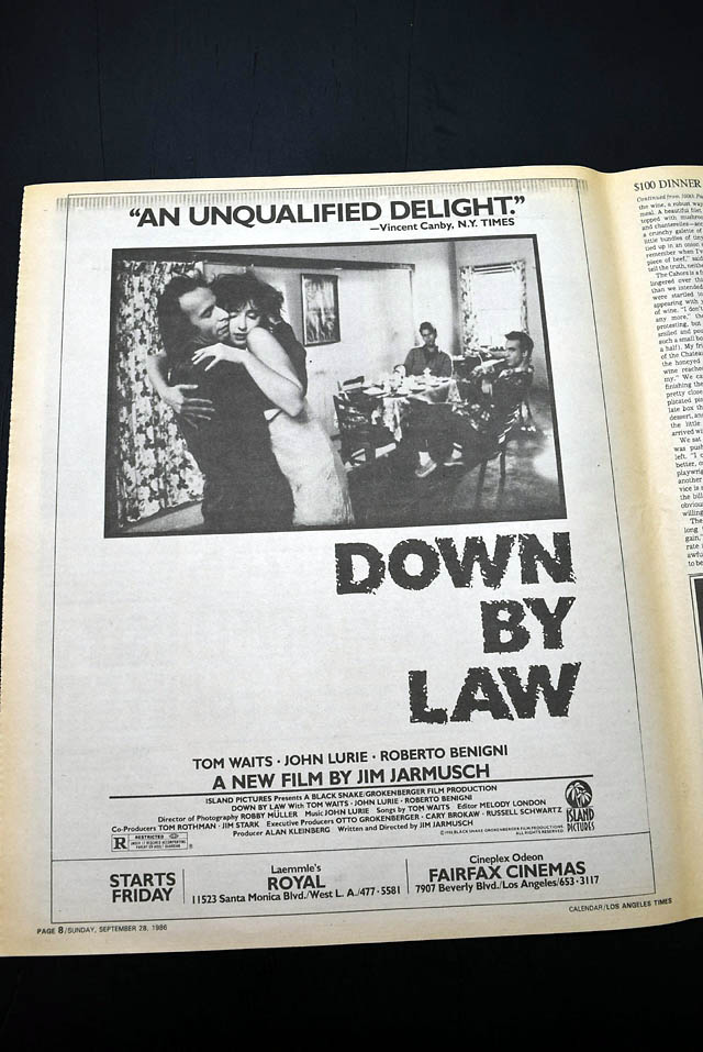 1986 opening day premiere of "Down By Law" film advertisement...