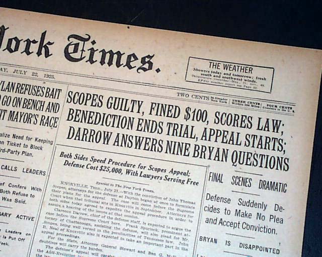 1925 Scopes 'monkey' trial guilty verdict... - RareNewspapers.com