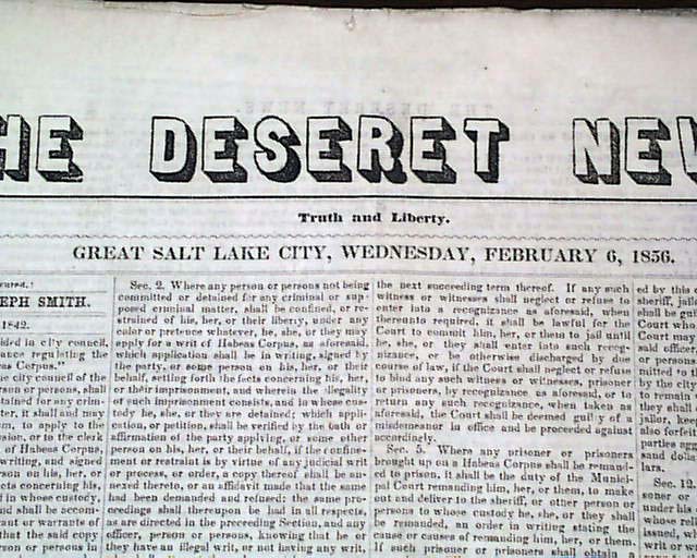 1876 Old West Newspaper From SALT LAKE CITY UT...