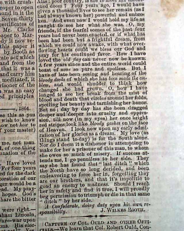 Lengthy letter from John Wilkes Booth on the assassination ...