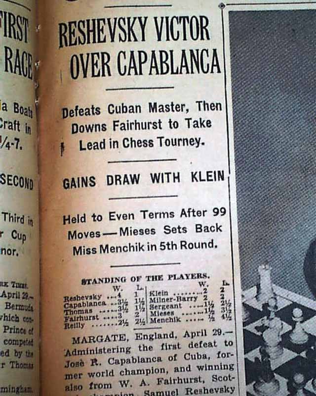 SAMUEL RESHEVSKY Defeats Jose Capablanca Cuban CHESS Grandmaster