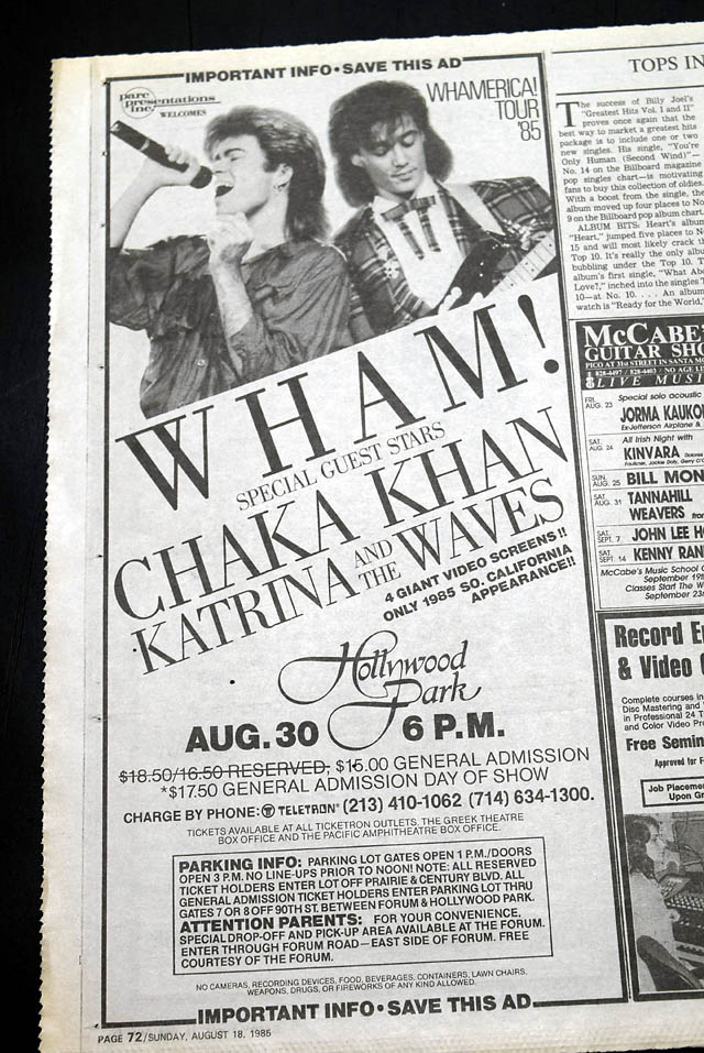 1985  "WHAM!" live L.A. concert advertisement...