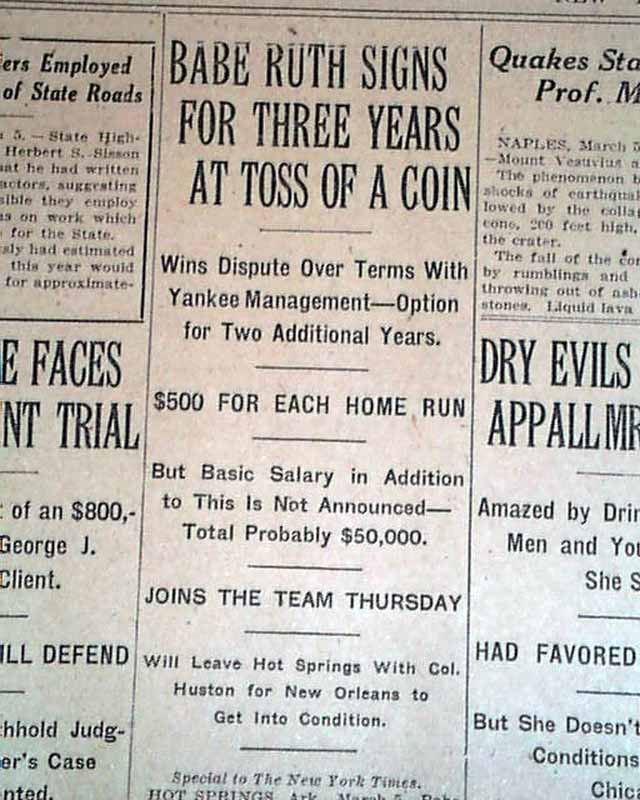Babe Ruth signs a record contract for another three years ...