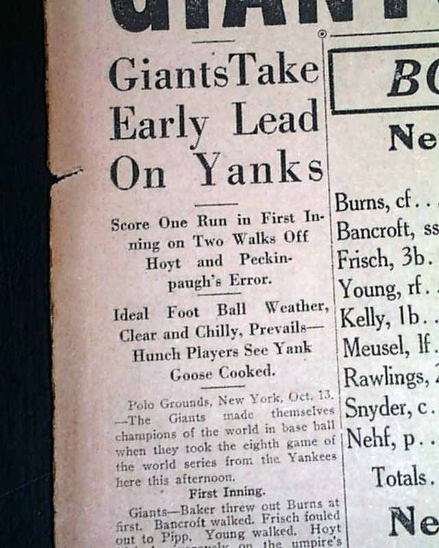 October 13, 1921: Giants beat Yankees 1-0 to clinch World Series