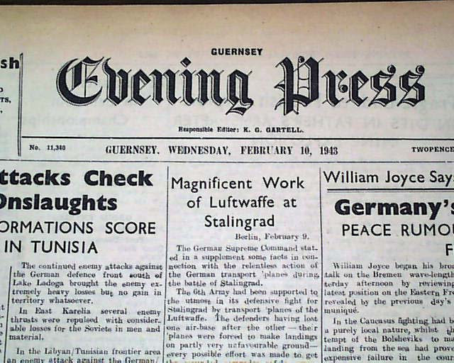 1943 WWII NAZI Germany On GUERNSEY ISLAND Newspaper -
