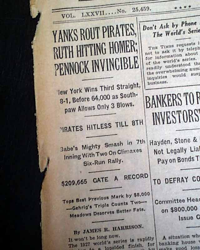 Yankees win the 1927 World Series: same day report