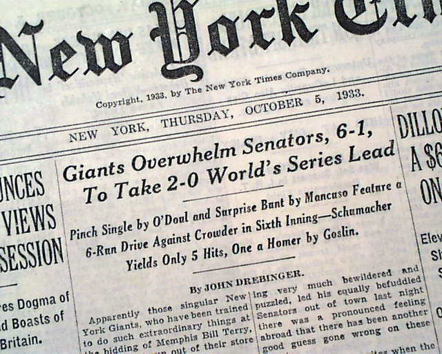 The Washington Nationals vs. The New York Giants, 1933 – The Unwritten  Record