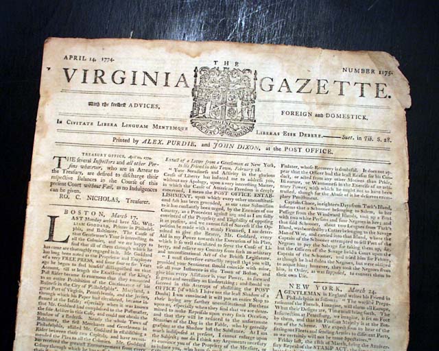 A rare Virginia Gazette... Two references to the recent Boston Tea
