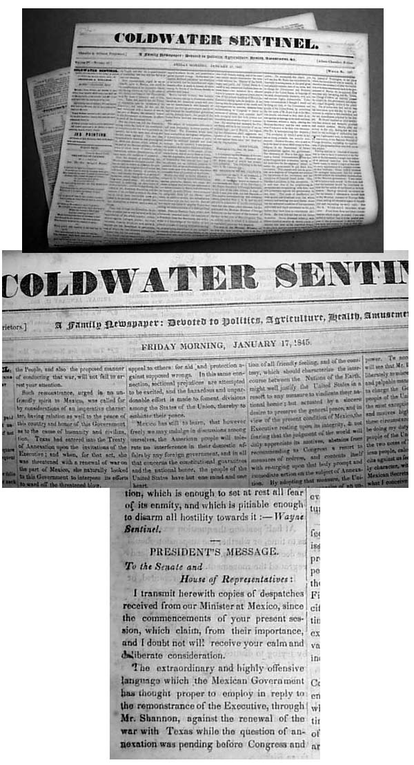1845 COLDWATER MI JOHN TYLER Newspaper
