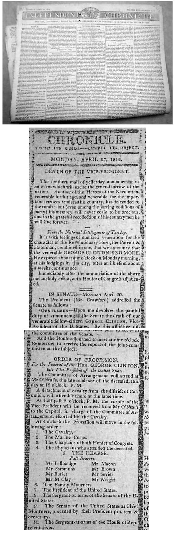 - 1812 Newspaper VICE PRESIDENT CLINTON DIES